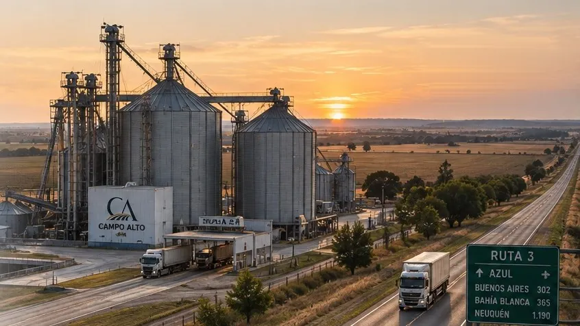 Planta de silos de Campo Alto al atardecer, con camiones cargando sobre la Ruta 3