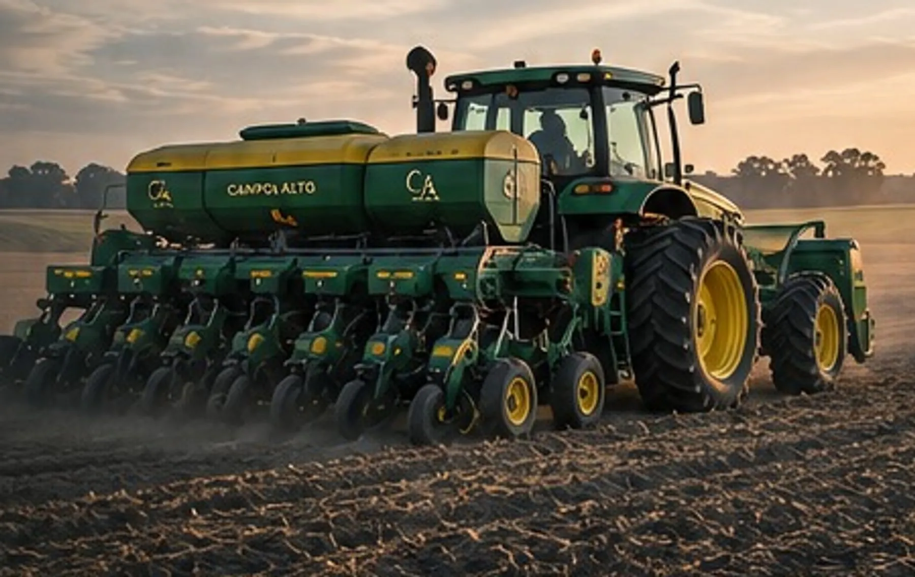 Tractor con sembradora Campo Alto trabajando el lote al atardecer