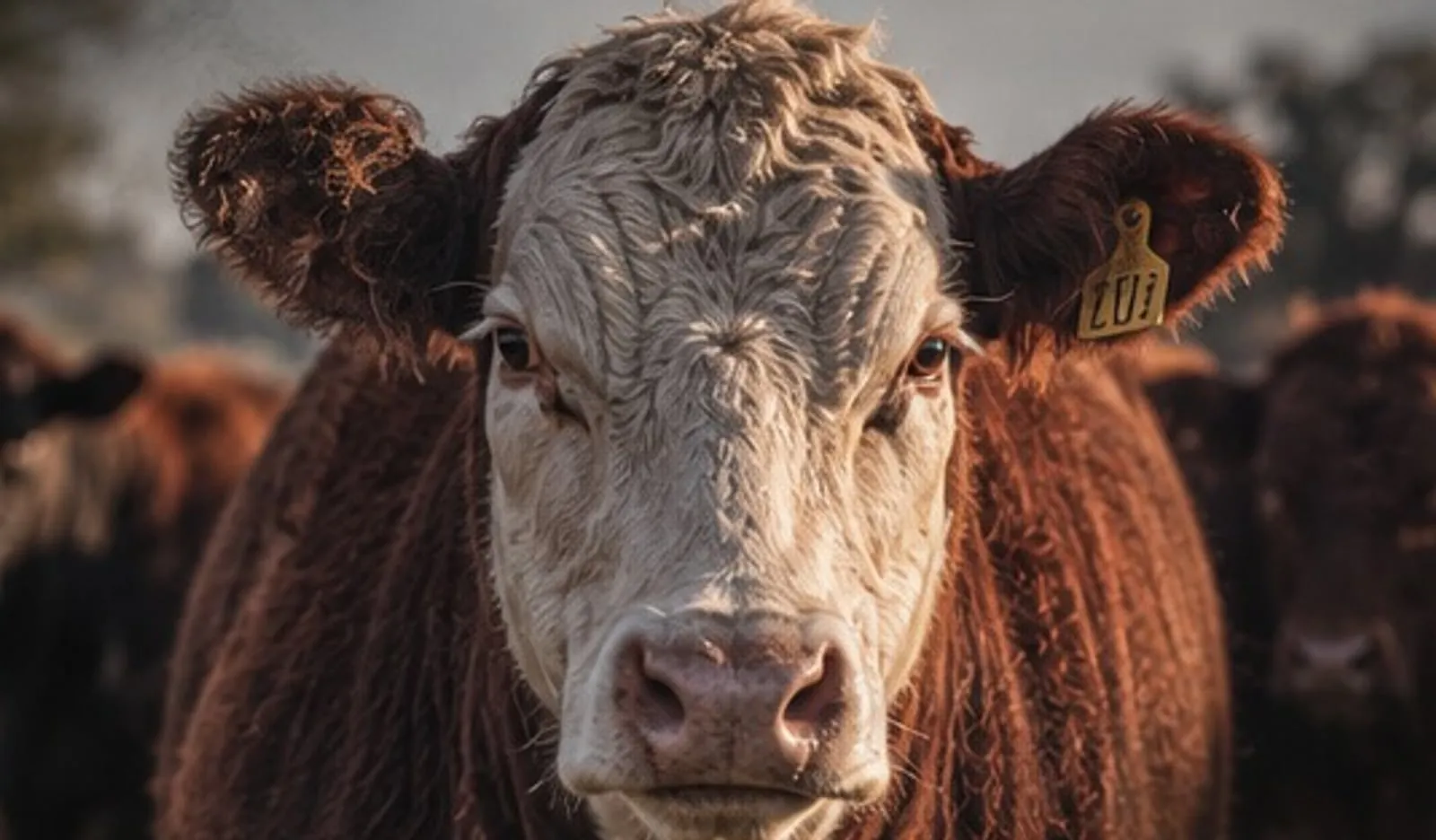 Vaca Polled Hereford de frente, con el rodeo de fondo al atardecer
