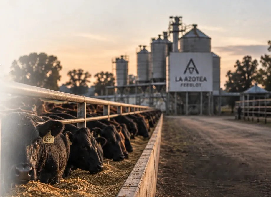 Novillos Angus comiendo en el comedero de La Azotea Feedlot, con los silos de fondo al atardecer